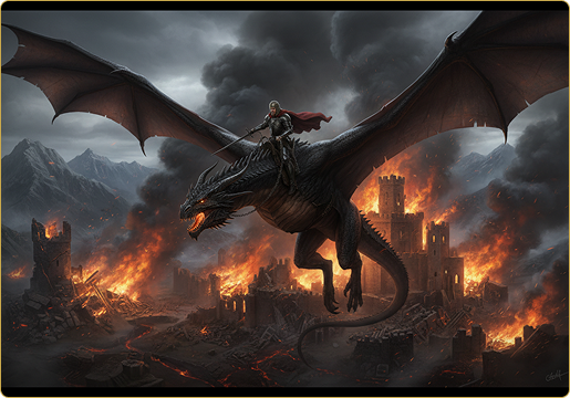 Aegon I Targaryen riding his dragon Balerion the Black Dread over a burning city