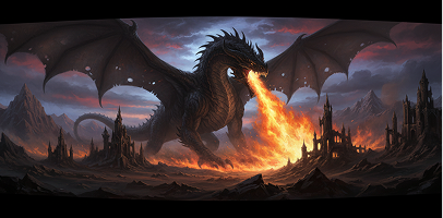 Balerion the Black Dread, dragon of Aegon I Targaryen, breathing fire over a city