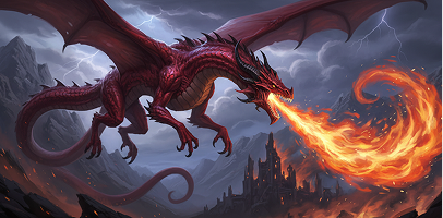 Caraxes the Blood Wyrm, dragon of Daemon Targaryen, in flight breathing fire