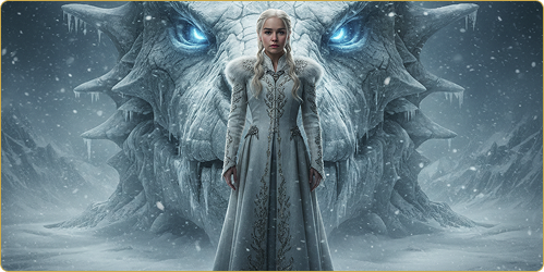 Daenerys Targaryen, Mother of Dragons, with an ice dragon backdrop