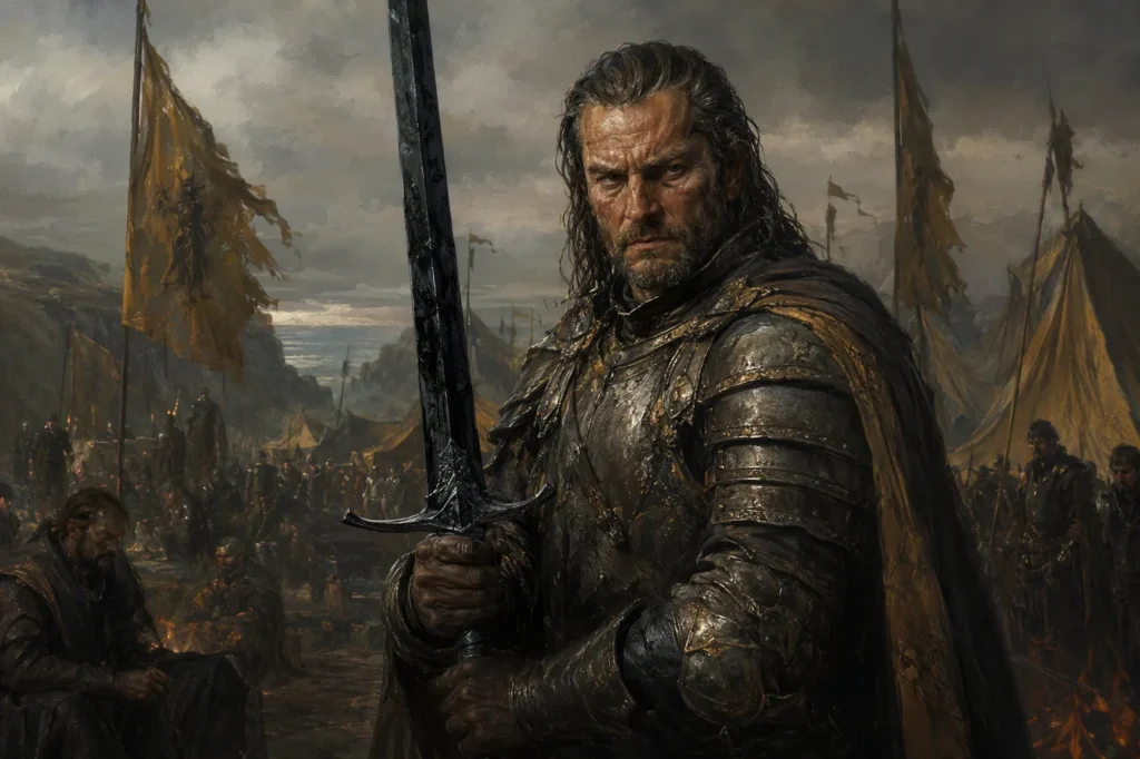 A grim armored commander holding a sword in a military camp