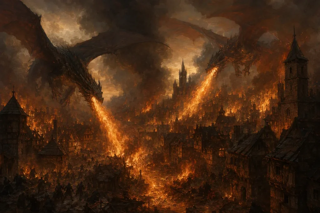 The Battle of Tumbleton: dragons over the burning town