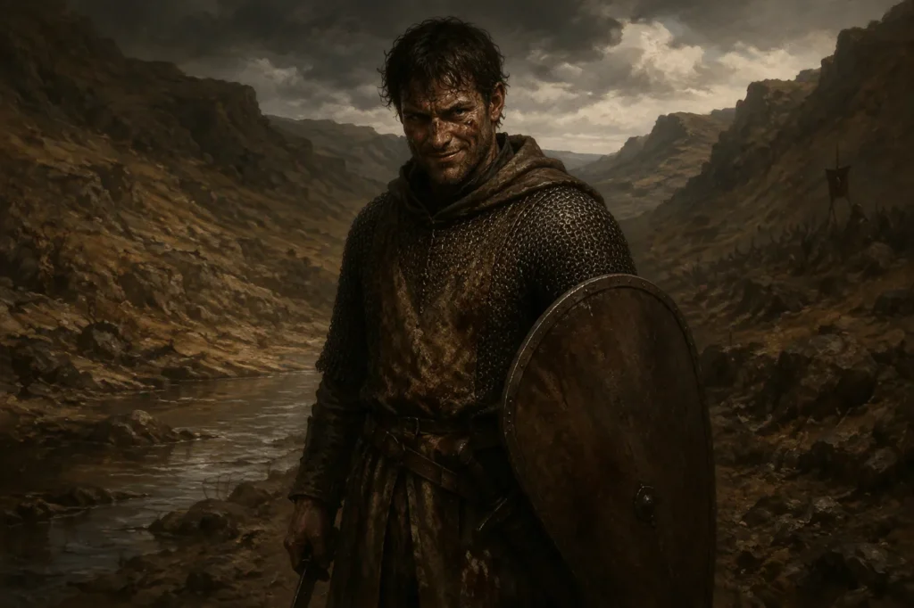 A scarred knight in a worn tunic with a round brown shield on a muddy hillside road