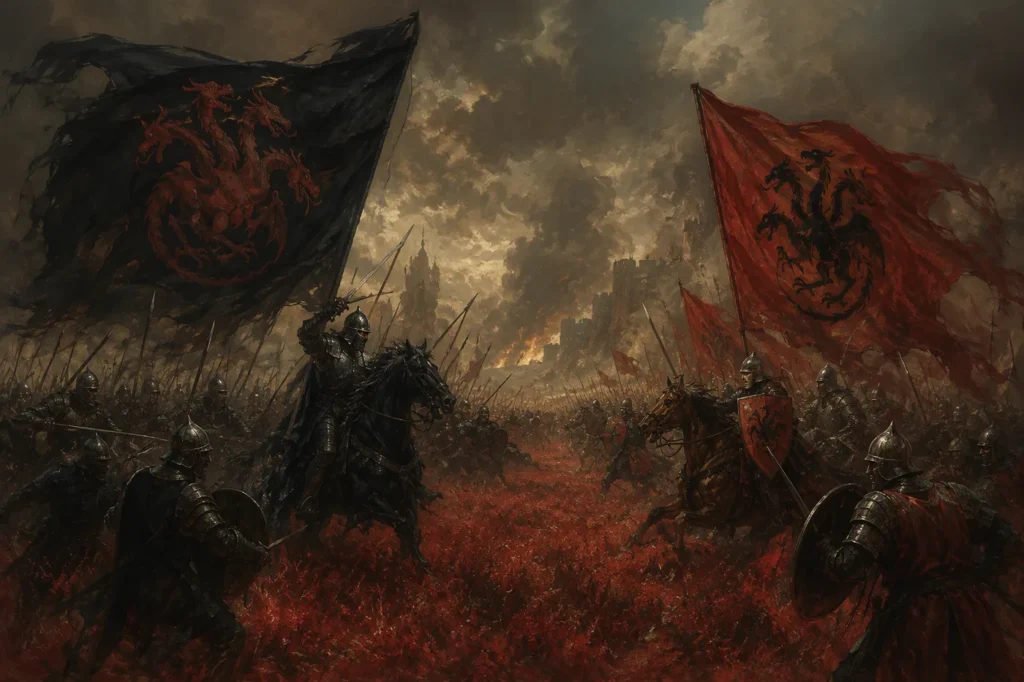 Black and red dragon banners above riders on a battlefield of red grass