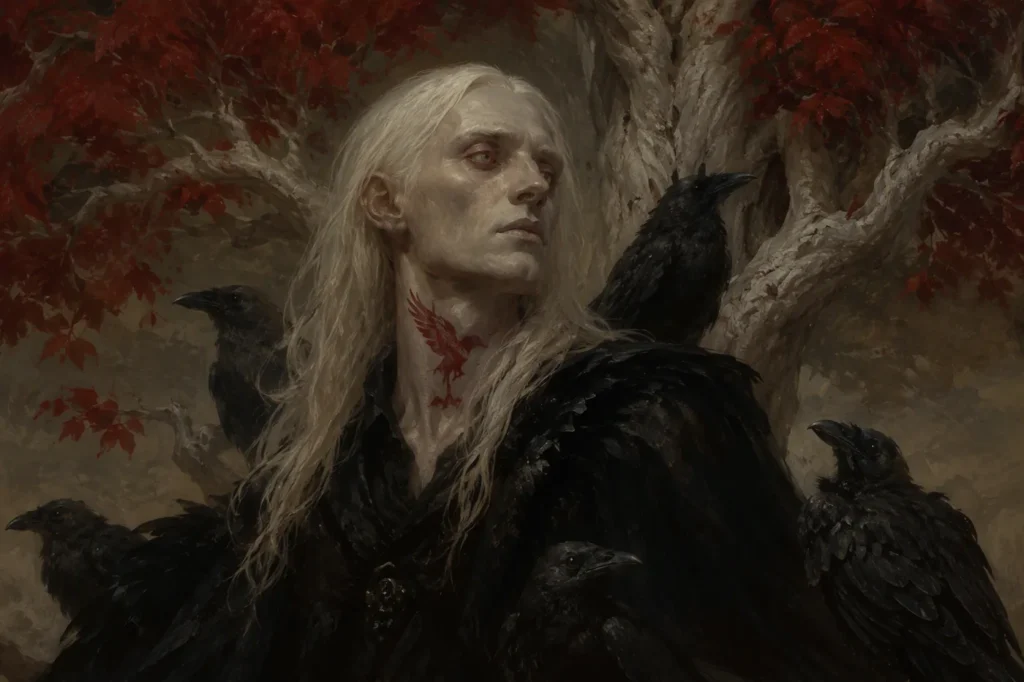 A pale, white-haired man with a red birthmark among ravens beside a weirwood tree