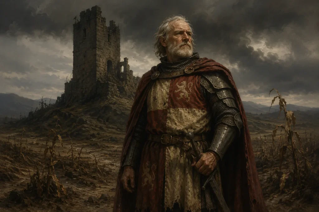 An aging knight in a red and gold surcoat before a ruined tower on a bleak hill