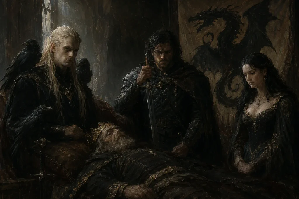 Three figures gathered around a dying king beneath a dragon banner