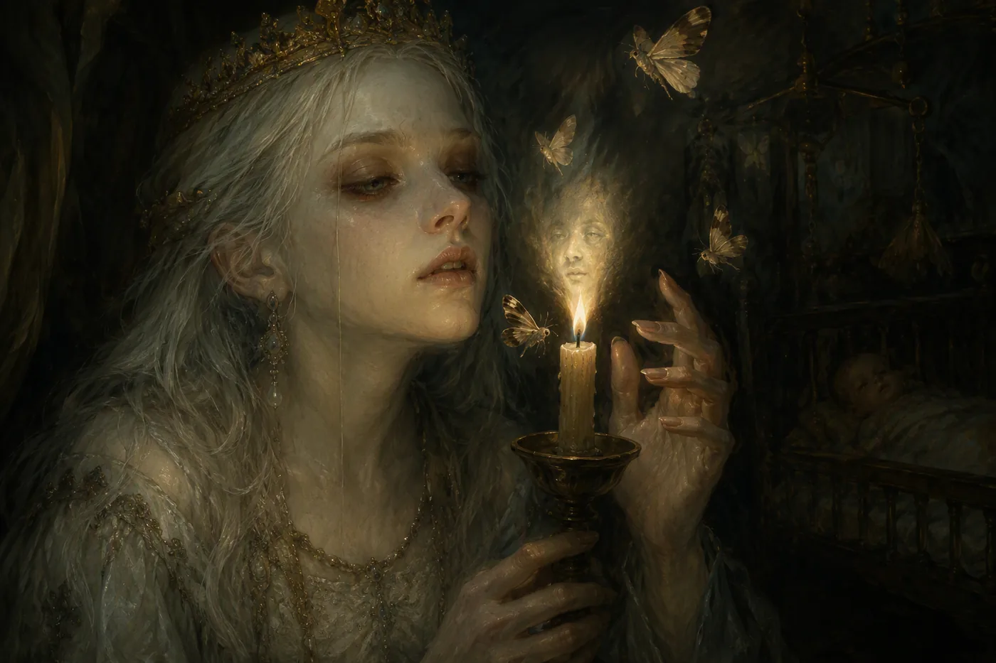 Queen Helaena Targaryen gazing into a candle flame