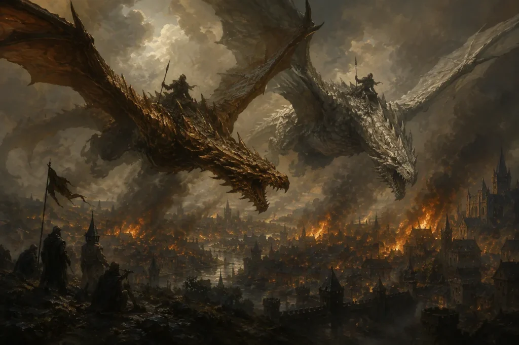 The Two Betrayers: Vermithor and Silverwing over burning Tumbleton