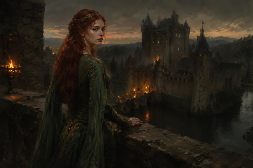 A red-haired noblewoman on the battlements overlooking a moated castle at dusk