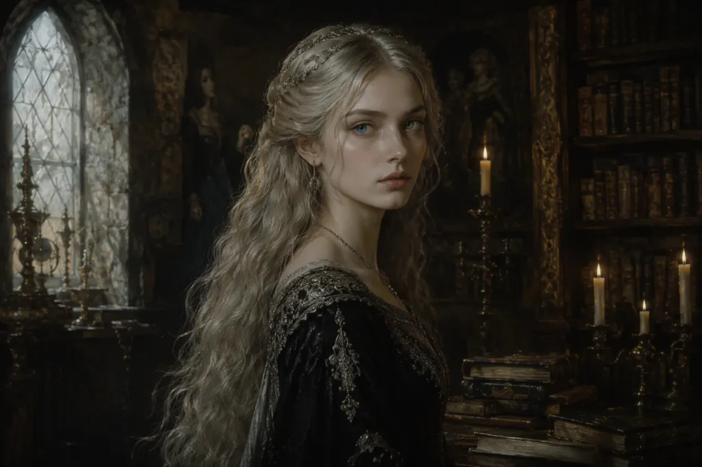 A young woman with long silver-gold hair in a candlelit library