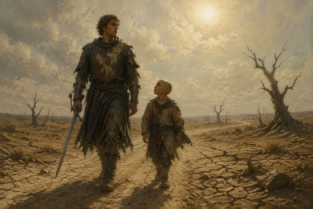 Dunk, a tall hedge knight, walks beside his young squire Egg along a cracked, drought-stricken road