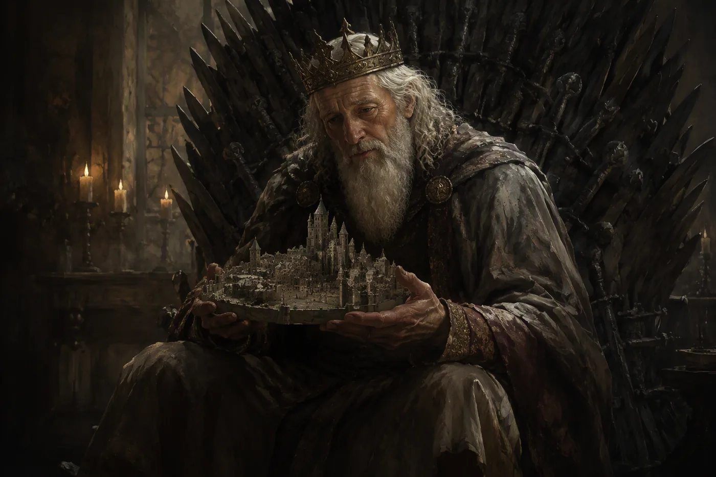 King Viserys I on the Iron Throne with his model of Old Valyria