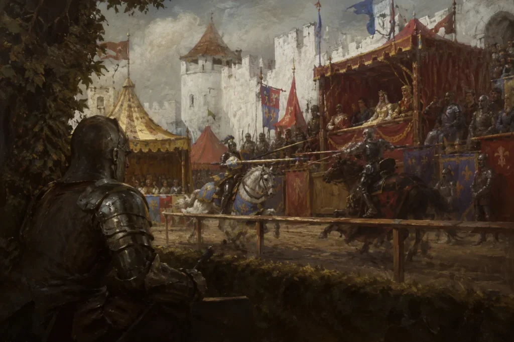 A hedge knight in armor watching a crowded tourney beside colorful pavilions
